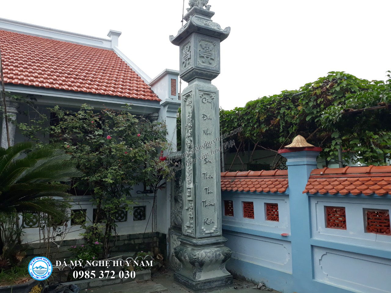 Lắp Cột Trụ Đá nhà thờ gia tiên tại Thái Bình, Cuốn thư đá đẹp, cot tru da, cột đá, bình phong đá