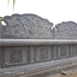 Mộ đôi đá - Mộ bành đá đôi MĐ-087 2 Mặt sau mộ đôi đá chạm sen đầm và chữ thọ vuông, Mộ đá Huy Nam
