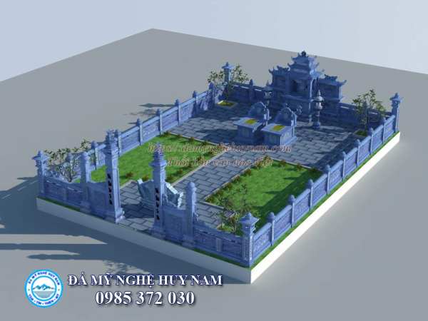 Bản vẽ thiết kế 3D Phối cảnh khu lăng mộ đá diện tích 90m2, Phối cảnh 3D khu lăng mộ gia đình đẹp