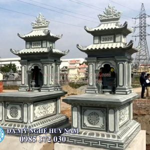 Mẫu mộ đá hai đao đẹp làm bằng đá xanh rêu MĐ-104