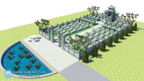 Bản vẽ 3D khu lăng mộ đá xanh rêu, thiết kế khu lăng mộ đá đẹp, Bản vẽ thiết kế 3D Phối cảnh Khu lăng mộ đá xanh rêu diện tích 150m2