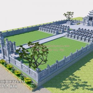 Bản vẽ 3D Khu lăng mộ đá 380m2, phối cảnh khu lăng mộ đá đẹp, khu lăng mộ dòng họ